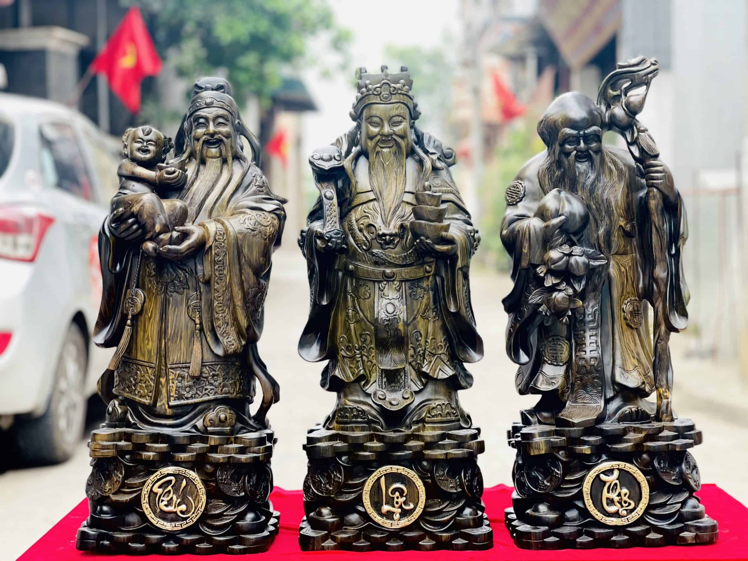 Tượng tam đa phúc lộc thọ gỗ mun hoa cao 68