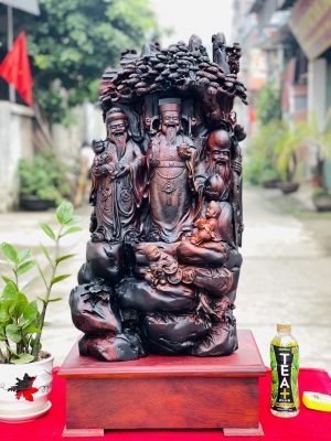Tượng Tam Đa Phúc Lộc Thọ Đứng Gốc Tùng Gỗ Trắc Đỏ Đen