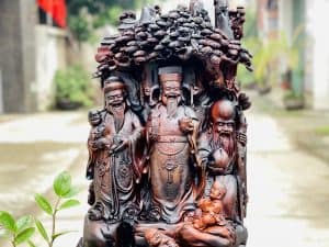 Tượng Tam Đa Phúc Lộc Thọ Đứng Gốc Tùng Gỗ Trắc Đỏ Đen
