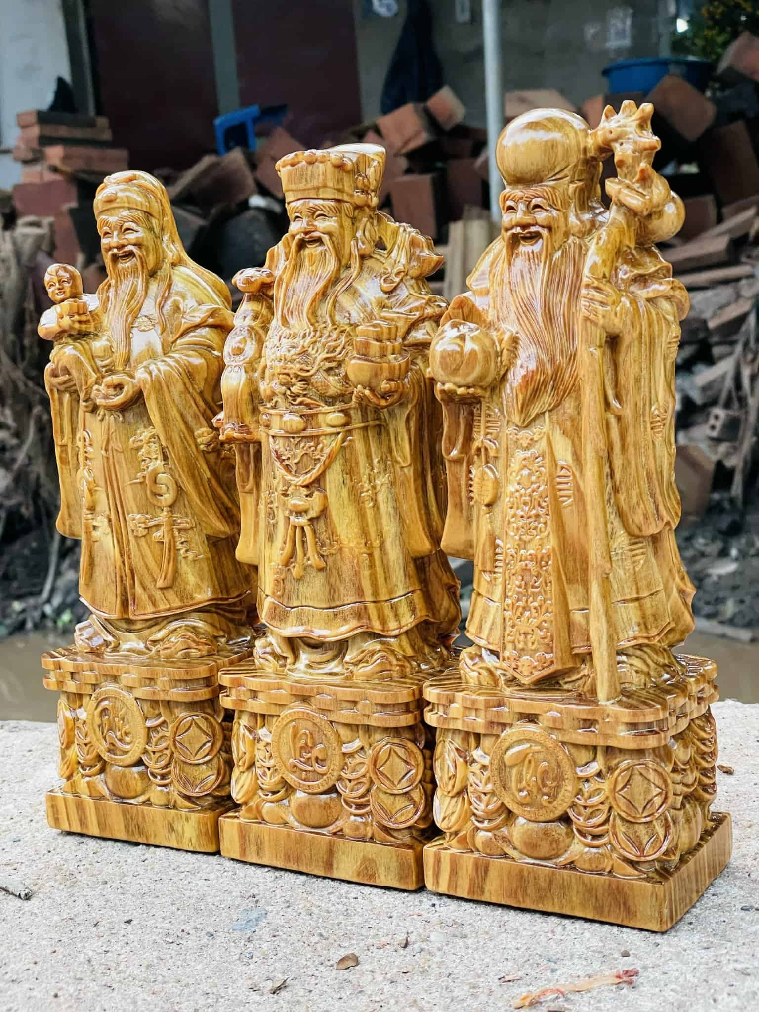 Tượng Tam Đa Phúc Lộc Thọ Gỗ Huyết Long Cao 30
