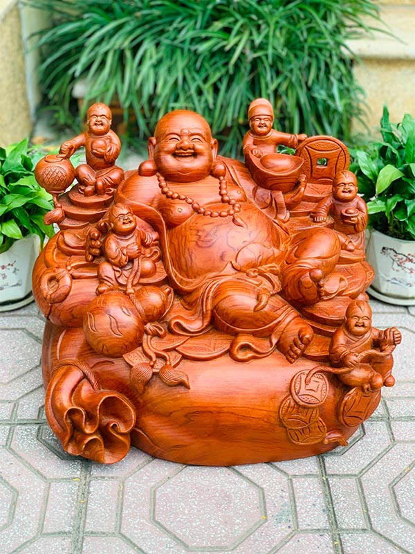 Tượng Di Lặc Ngũ Phúc Ngồi Bao Tiền Gỗ Hương Đá