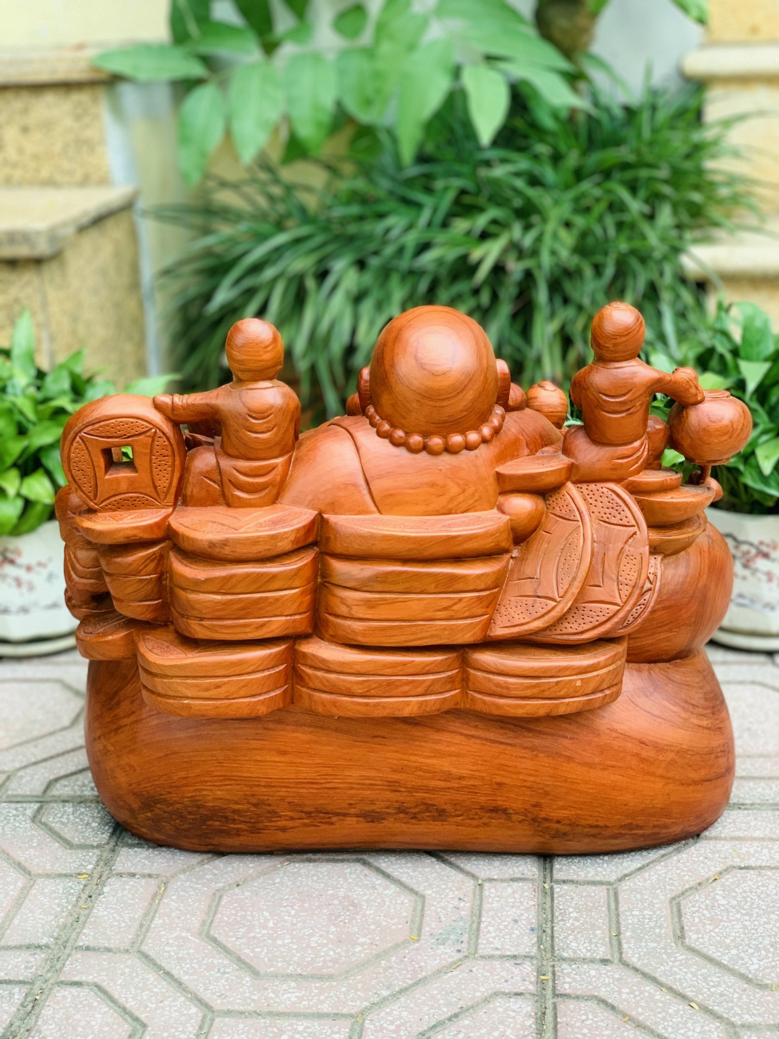 Tượng Di Lặc Ngũ Phúc Ngồi Bao Tiền Gỗ Hương Đá