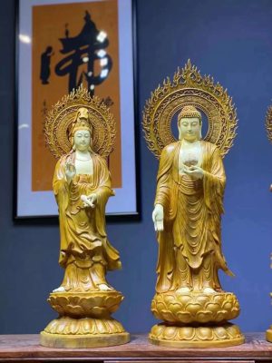 Tượng Tây Phương Tam Thánh Gỗ Long Não Vẽ Màu