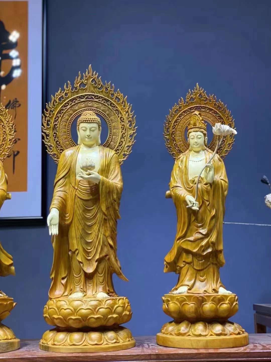 Tượng Tây Phương Tam Thánh Gỗ Long Não Vẽ Màu