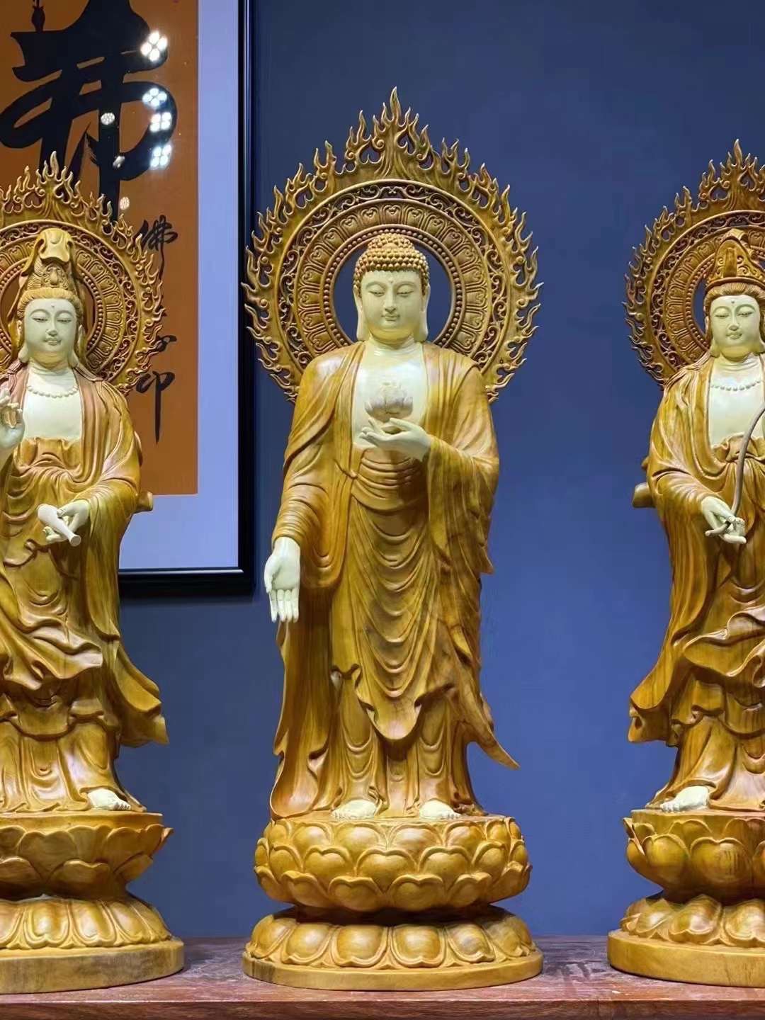 Tượng Tây Phương Tam Thánh Gỗ Long Não Vẽ Màu