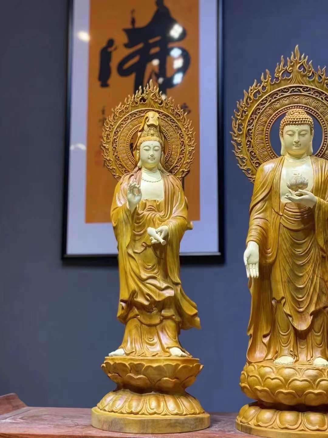 Tượng Tây Phương Tam Thánh Gỗ Long Não Vẽ Màu