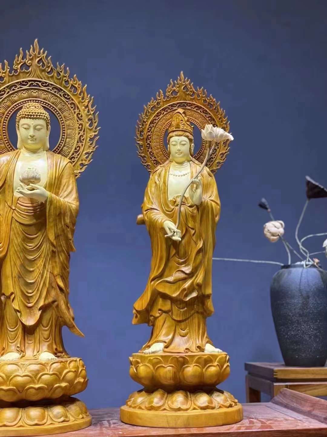 Tượng Tây Phương Tam Thánh Gỗ Long Não Vẽ Màu