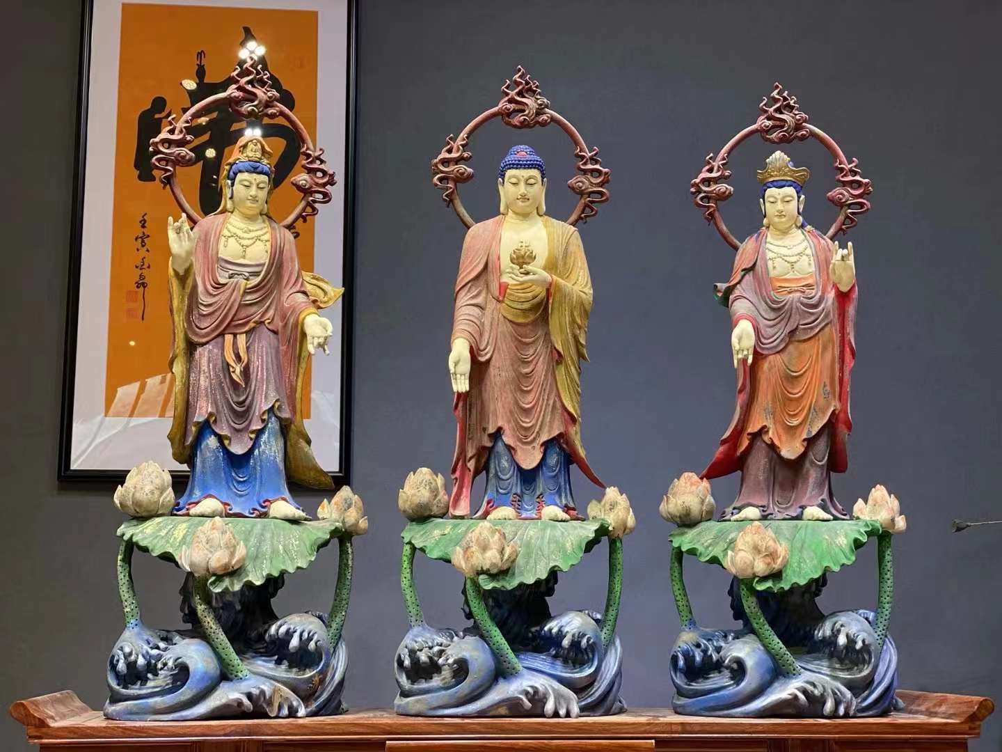 Tượng Tây Phương Tam Thánh Gỗ Long Não Vẽ Khoáng Giả Cổ