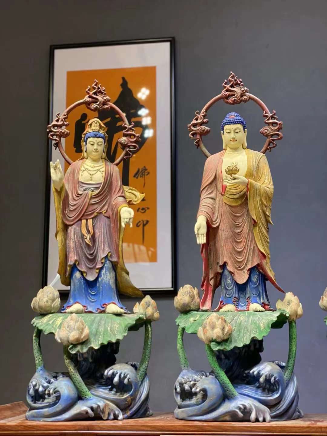 Tượng Tây Phương Tam Thánh Gỗ Long Não Vẽ Khoáng Giả Cổ