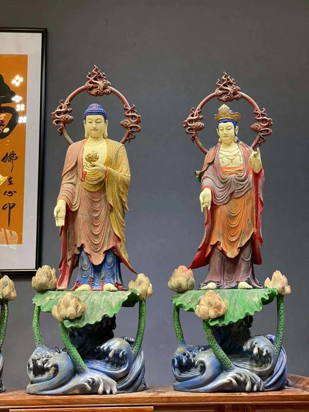Tượng Tây Phương Tam Thánh Gỗ Long Não Vẽ Khoáng Giả Cổ