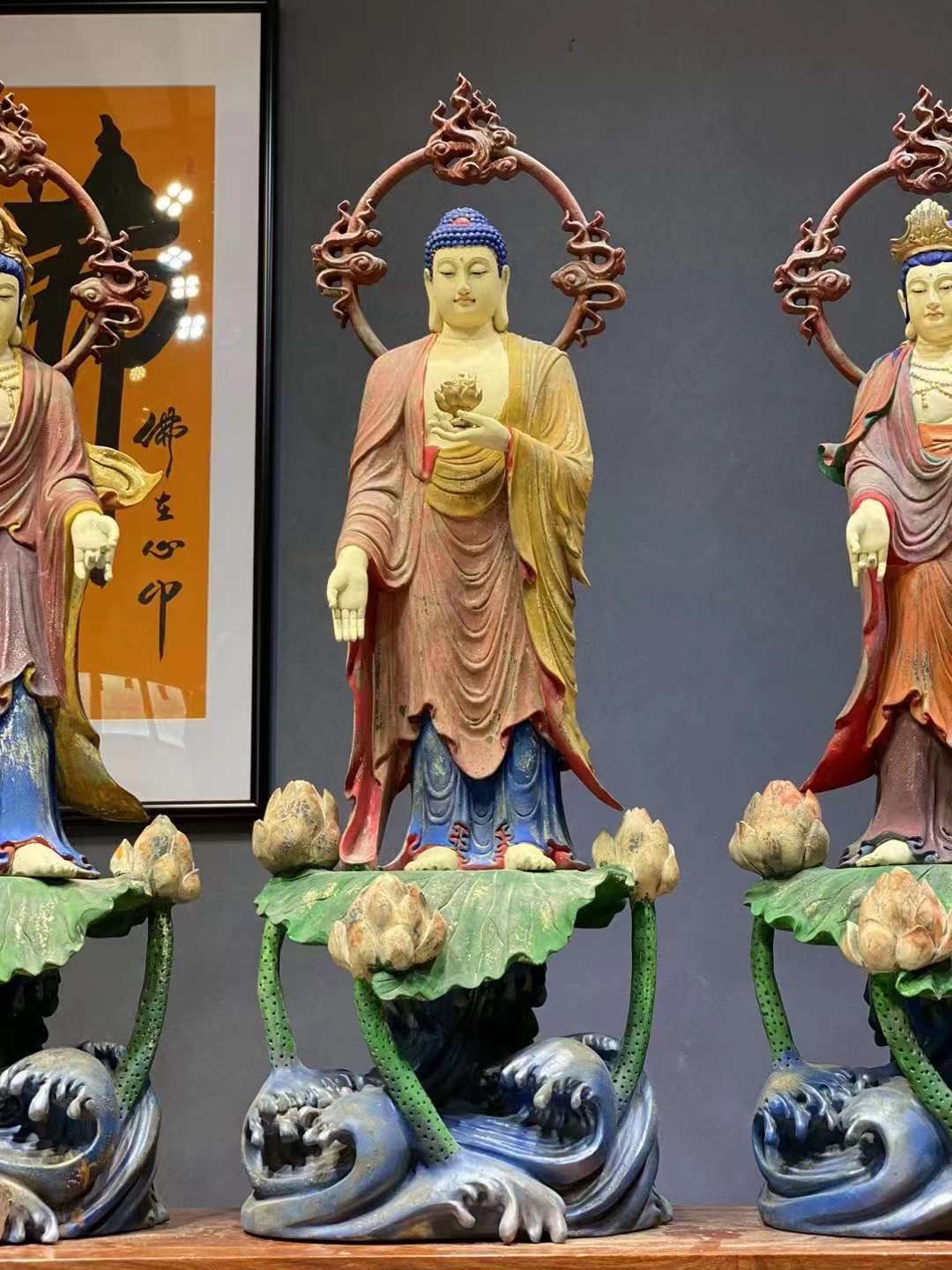 Tượng Tây Phương Tam Thánh Gỗ Long Não Vẽ Khoáng Giả Cổ