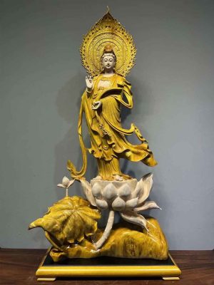 Tượng Quan Âm Ngự Đài Sen Gỗ Kim Tơ Nam Mộc