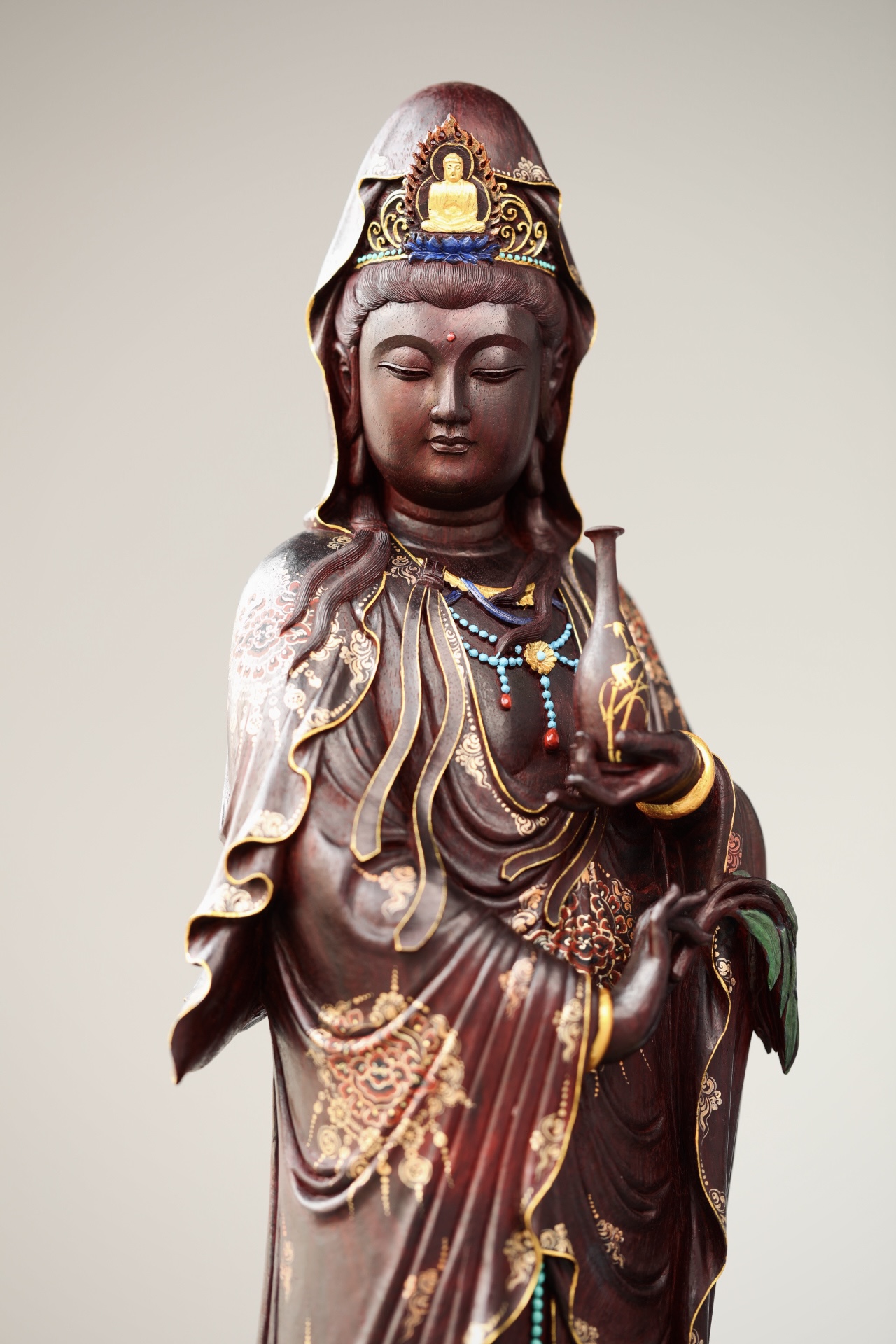 Tượng Dương Liễu Quan Âm Gỗ Tử Đàn Ấn Độ Vẽ Gấm