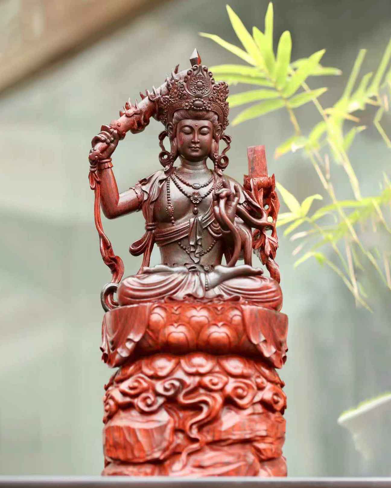 Tượng Văn Thù Bồ Tát Gỗ Tử Đàn Ấn Độ Cao 33